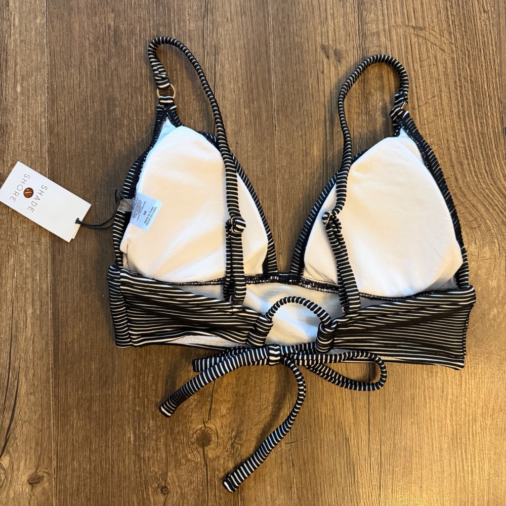 Shade & Shore Bikini Top Women Size M Black White Striped Longline Triangle NWT - Picture 2 of 9